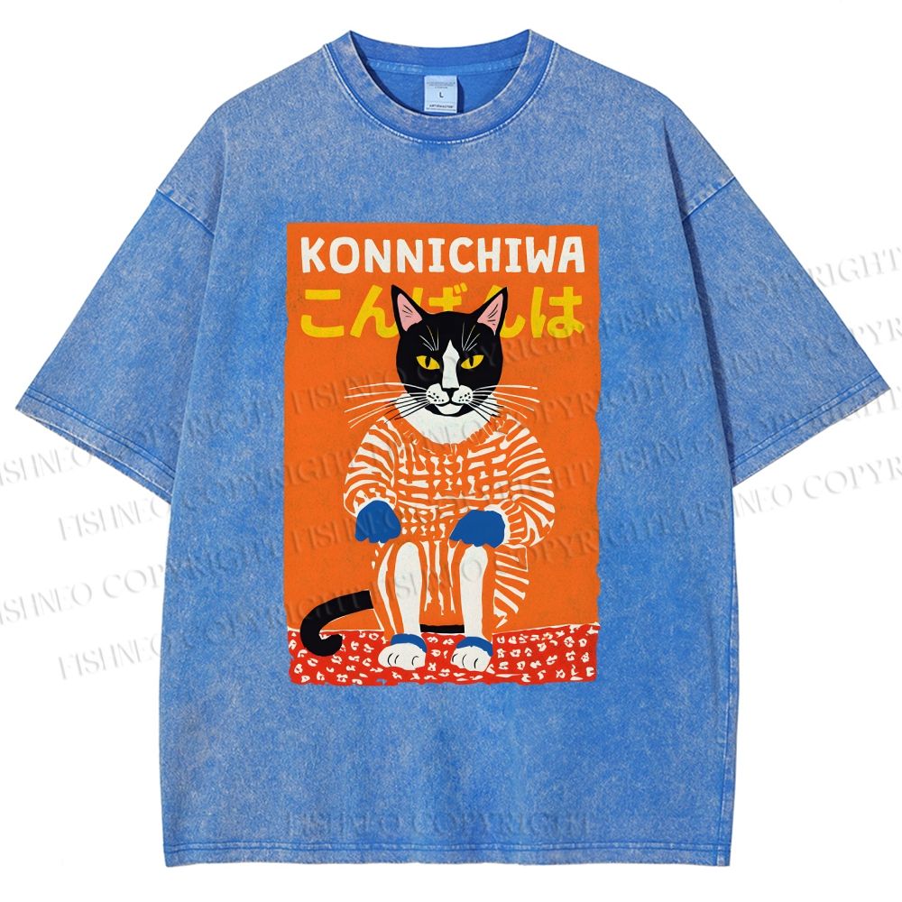 Unisex Artistic Cat Printed Washed Tee