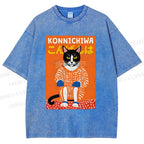 Unisex Artistic Cat Printed Washed Tee
