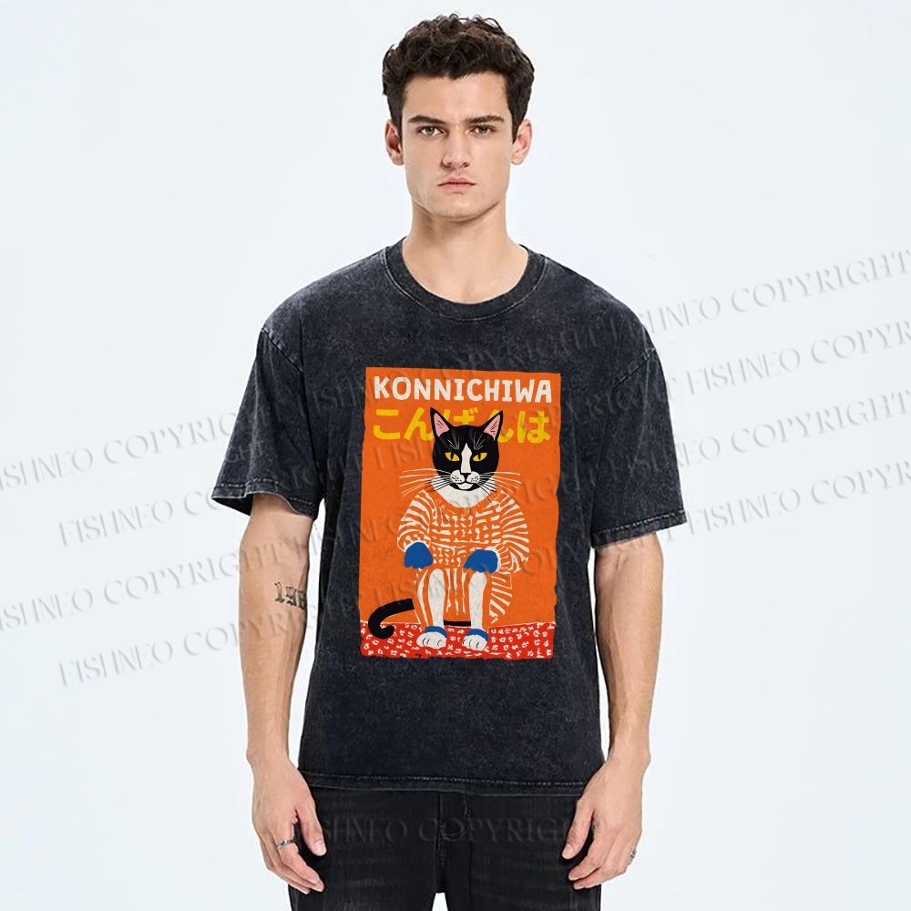 Unisex Artistic Cat Printed Washed Tee