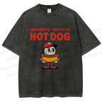 Unisex Hot Dog Printed Washed Tee