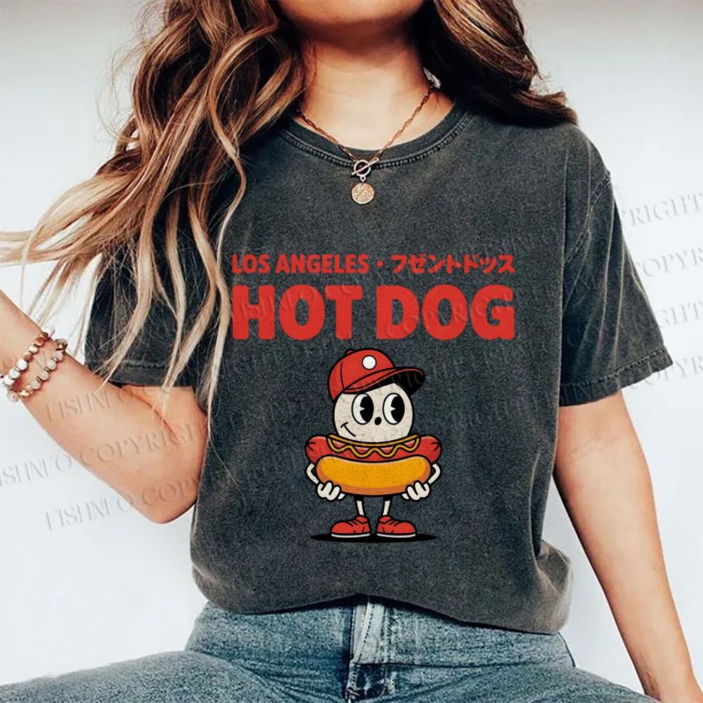 Unisex Hot Dog Printed Washed Tee