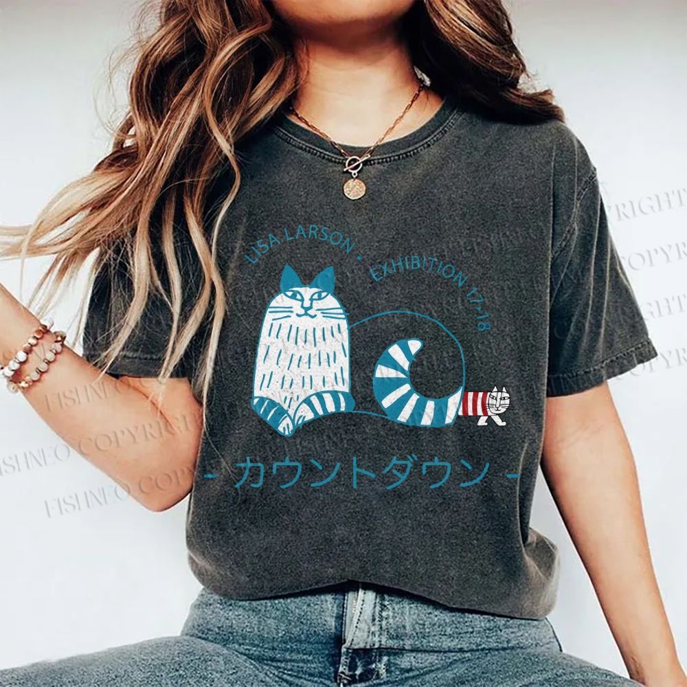 Unisex Artistic Sketch Cat Printed Washed Tee