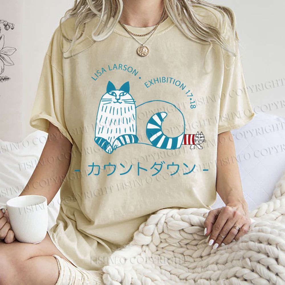 Unisex Artistic Sketch Cat Printed Washed Tee