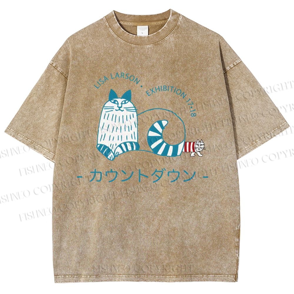 Unisex Artistic Sketch Cat Printed Washed Tee