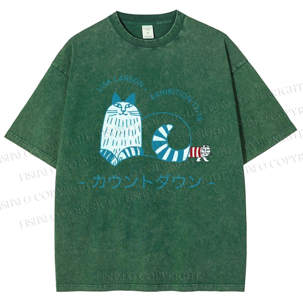 Unisex Artistic Sketch Cat Printed Washed Tee