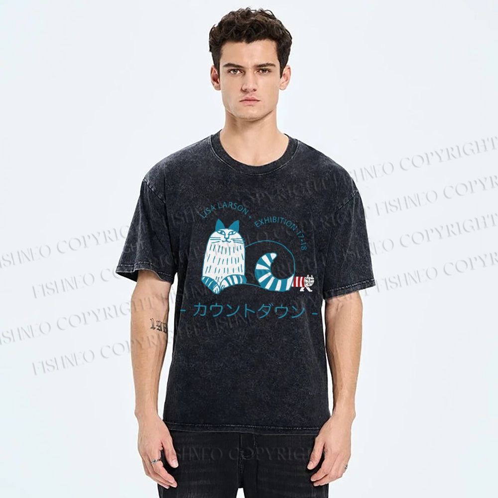 Unisex Artistic Sketch Cat Printed Washed Tee