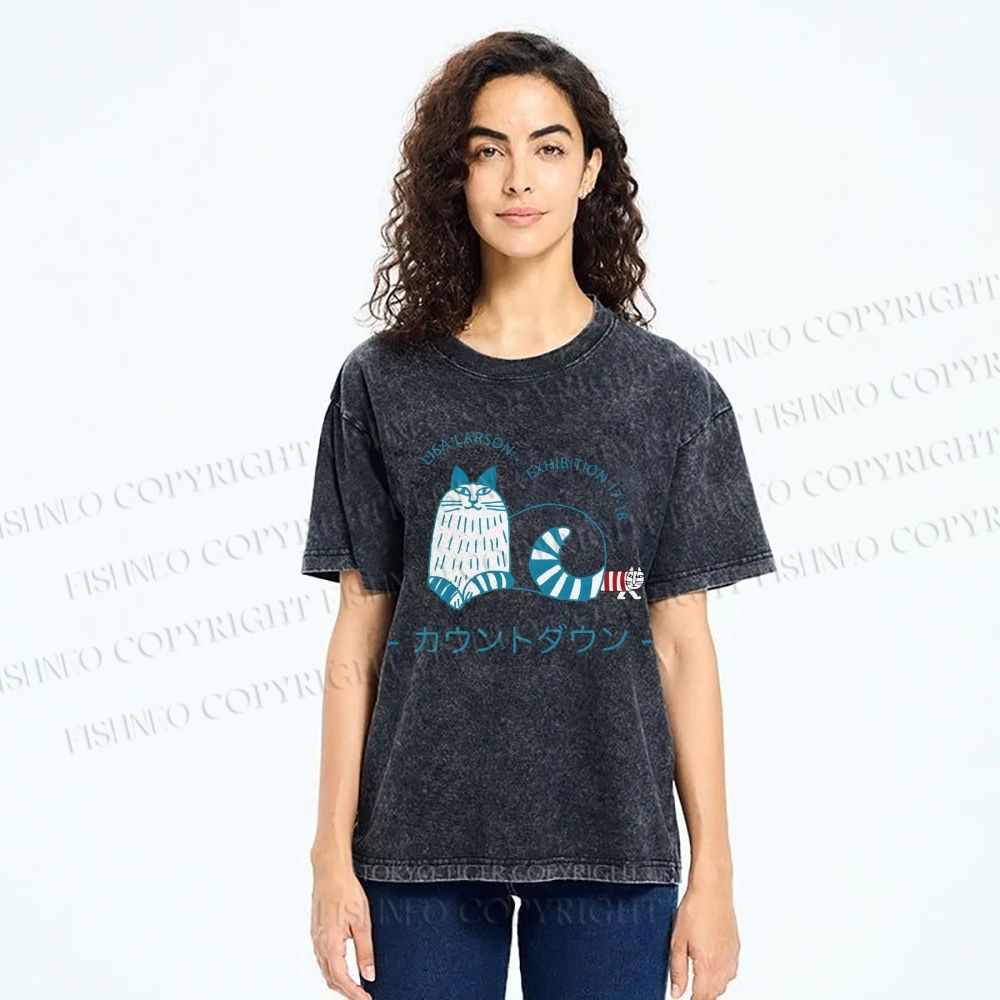 Unisex Artistic Sketch Cat Printed Washed Tee