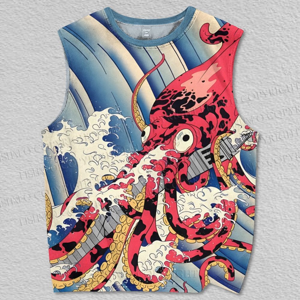 Unisex Vintage Japanese Art Octopus Wave Printed Tank Top