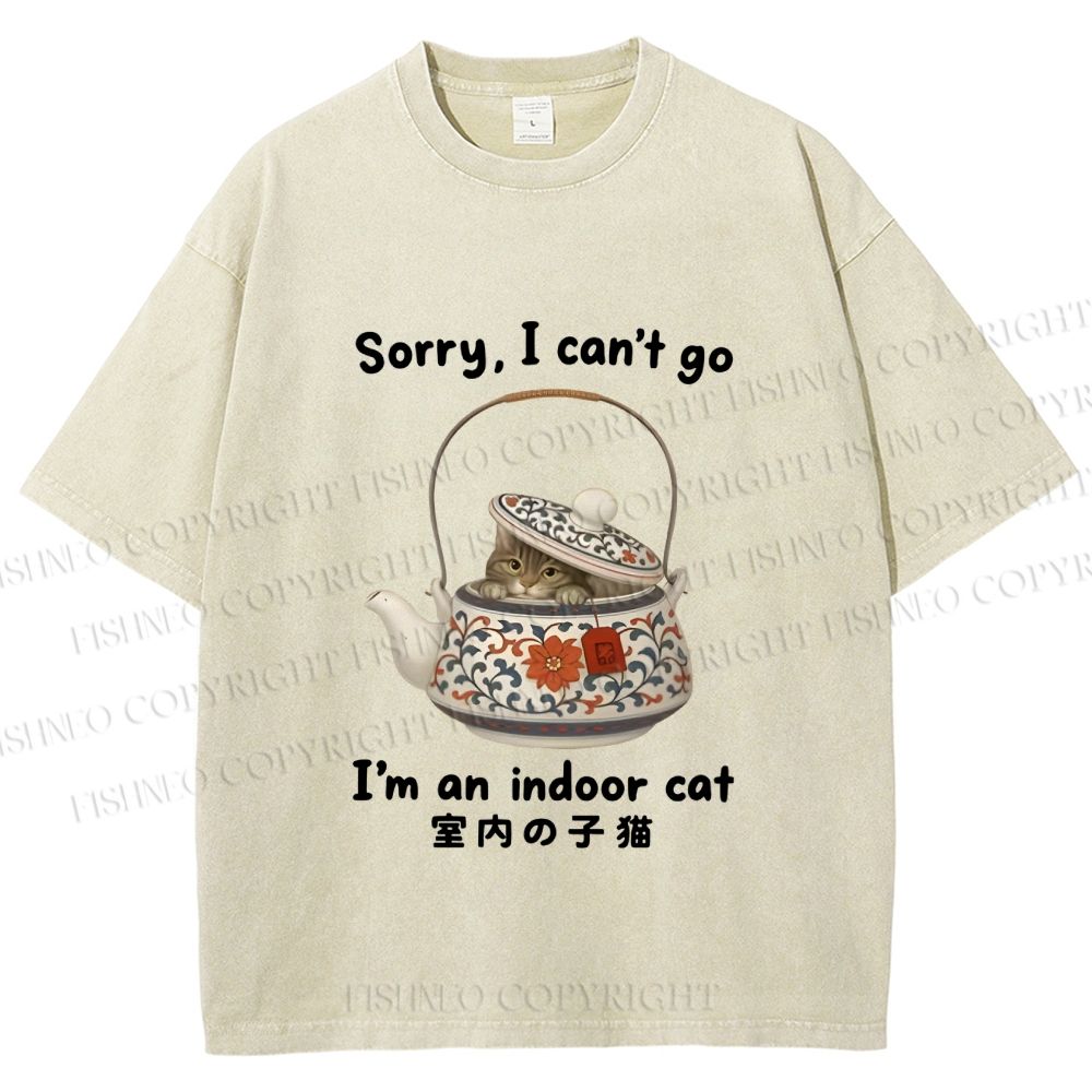 Unisex I am A Indoor Cat In Tea Pot Printed Washed Tee