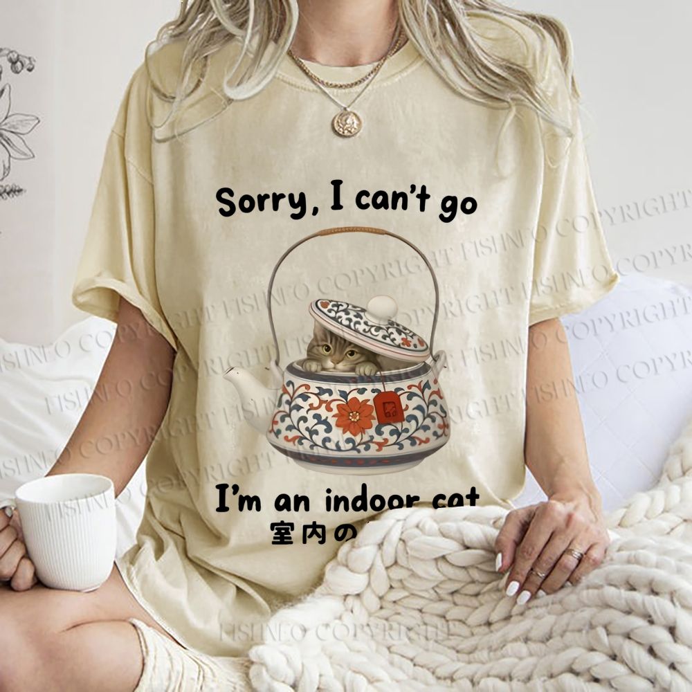Unisex I am A Indoor Cat In Tea Pot Printed Washed Tee
