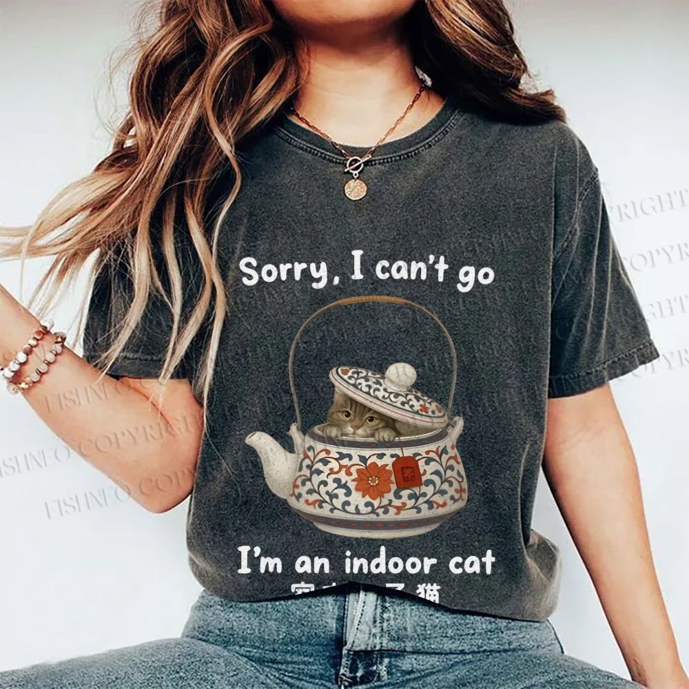 Unisex I am A Indoor Cat In Tea Pot Printed Washed Tee