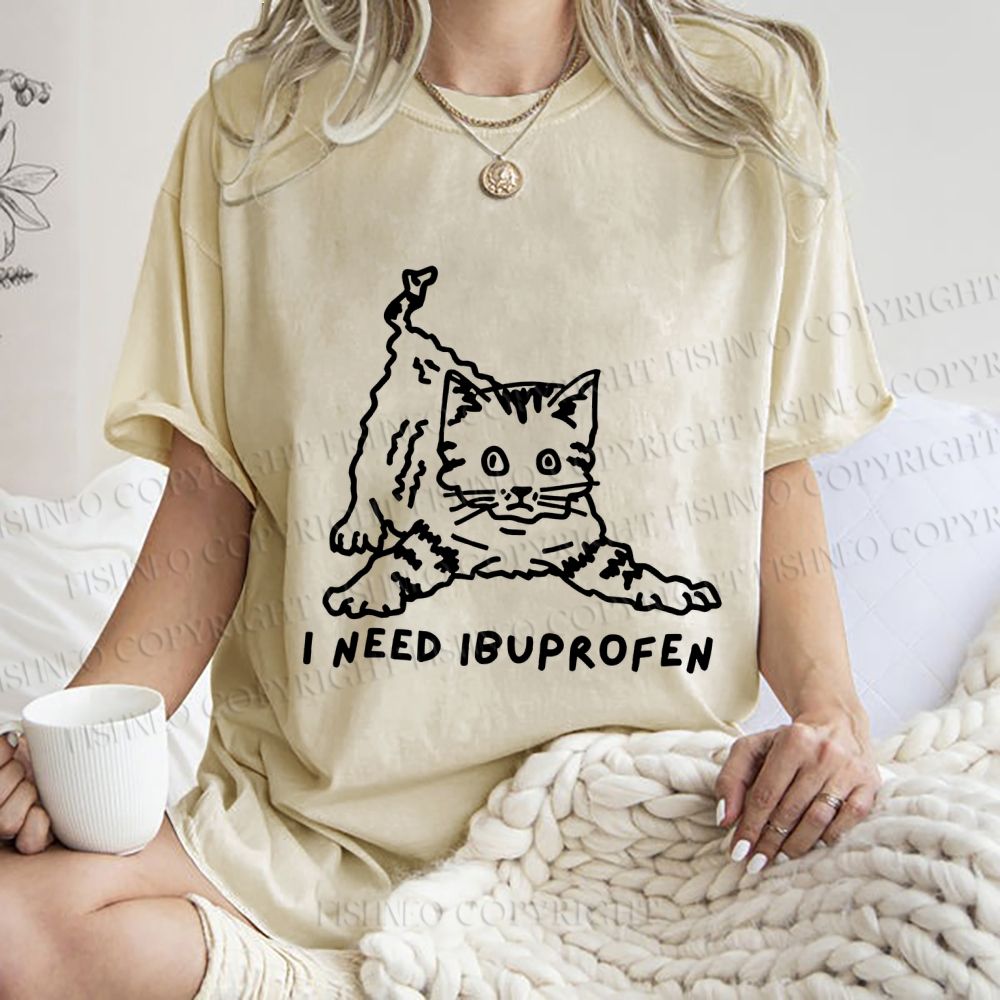 Unisex I Need Ibuprofen Funny Cat Printed Washed Tee