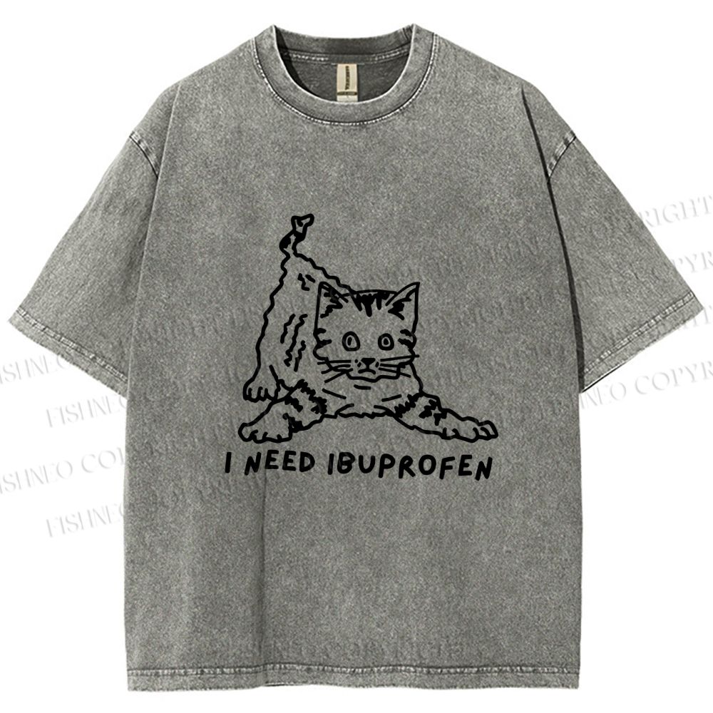 Unisex I Need Ibuprofen Funny Cat Printed Washed Tee