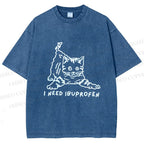 Unisex I Need Ibuprofen Funny Cat Printed Washed Tee
