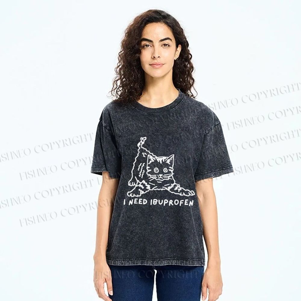 Unisex I Need Ibuprofen Funny Cat Printed Washed Tee