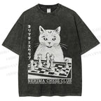 Unisex Vintage Cat Playing Chess Printed Washed Tee
