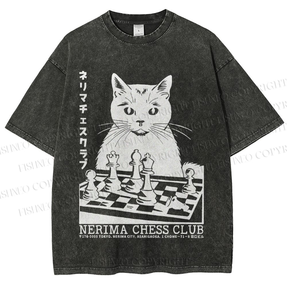 Unisex Vintage Cat Playing Chess Printed Washed Tee