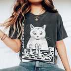 Unisex Vintage Cat Playing Chess Printed Washed Tee