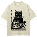 Unisex Vintage Cat Playing Chess Printed Washed Tee