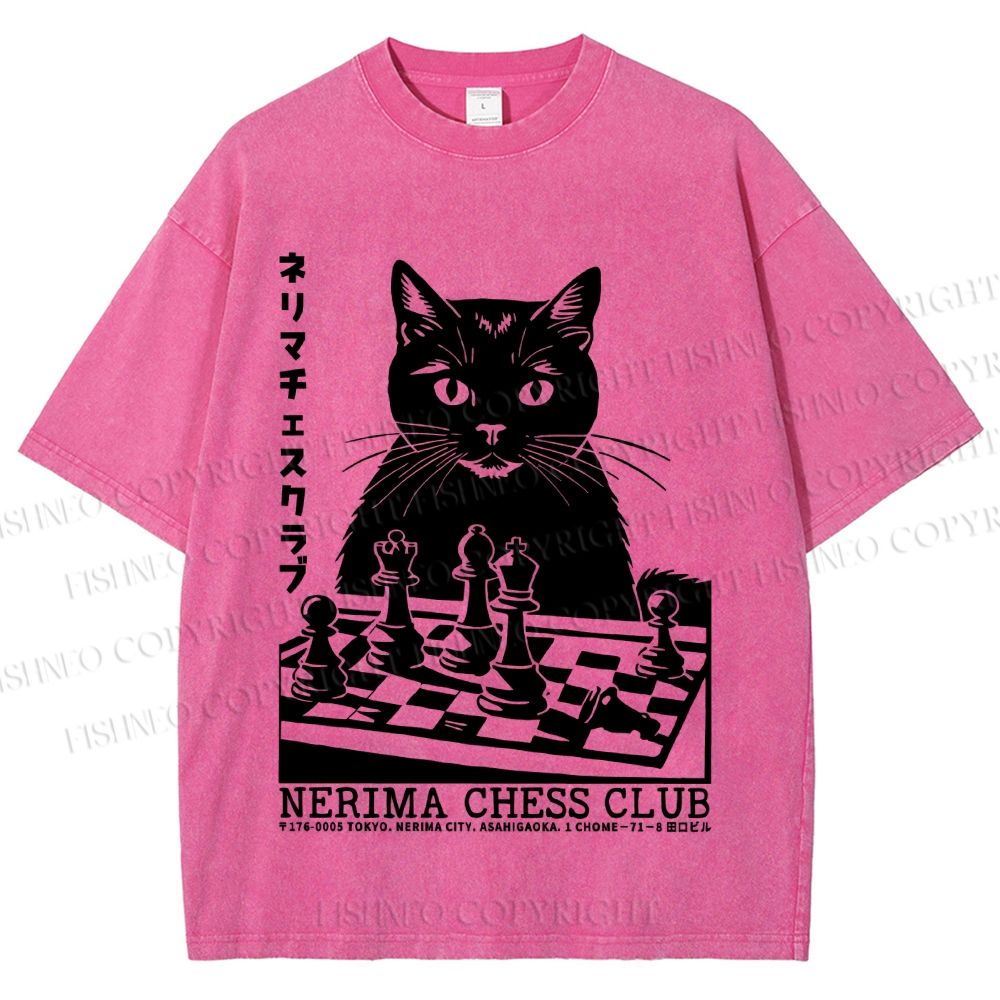 Unisex Vintage Cat Playing Chess Printed Washed Tee