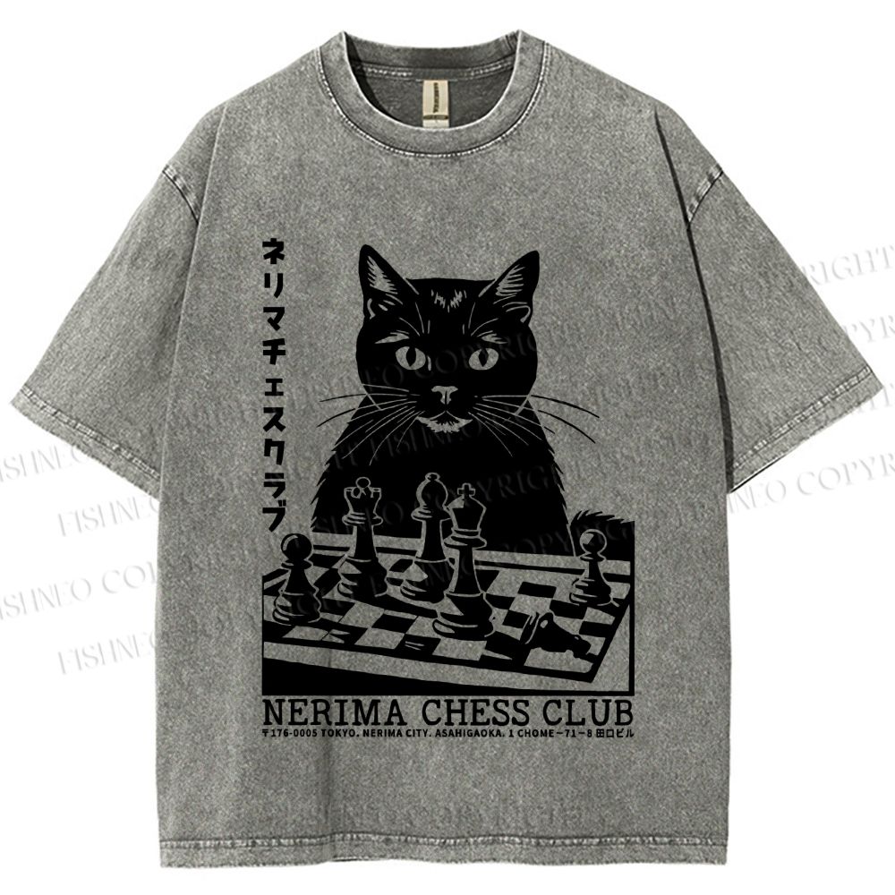 Unisex Vintage Cat Playing Chess Printed Washed Tee