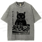 Unisex Vintage Cat Playing Chess Printed Washed Tee