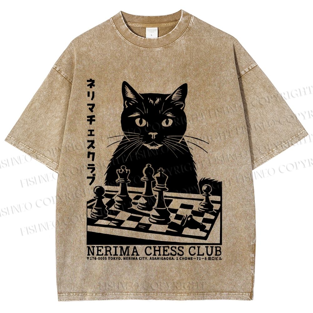 Unisex Vintage Cat Playing Chess Printed Washed Tee
