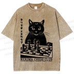 Unisex Vintage Cat Playing Chess Printed Washed Tee