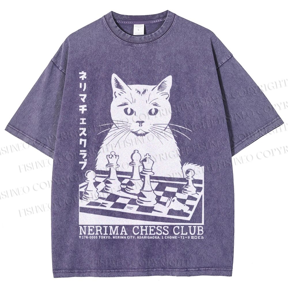 Unisex Vintage Cat Playing Chess Printed Washed Tee