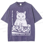 Unisex Vintage Cat Playing Chess Printed Washed Tee