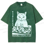 Unisex Vintage Cat Playing Chess Printed Washed Tee