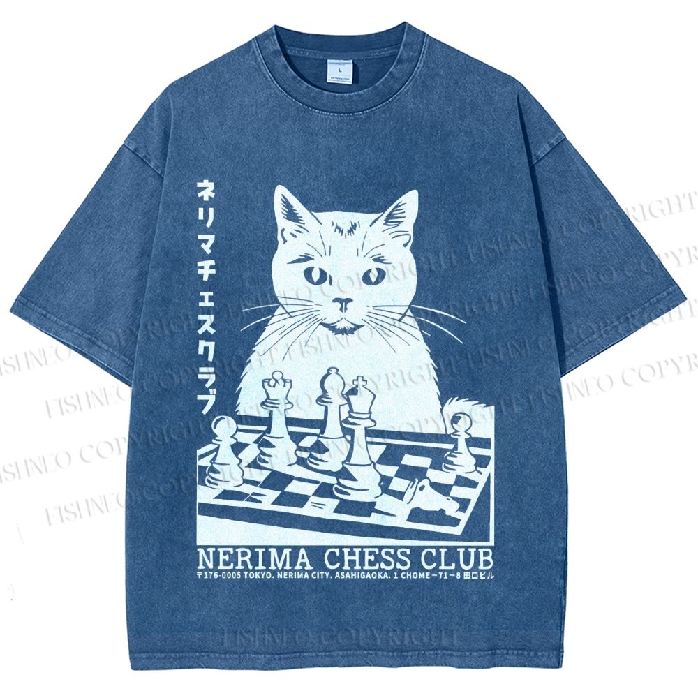Unisex Vintage Cat Playing Chess Printed Washed Tee