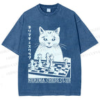 Unisex Vintage Cat Playing Chess Printed Washed Tee
