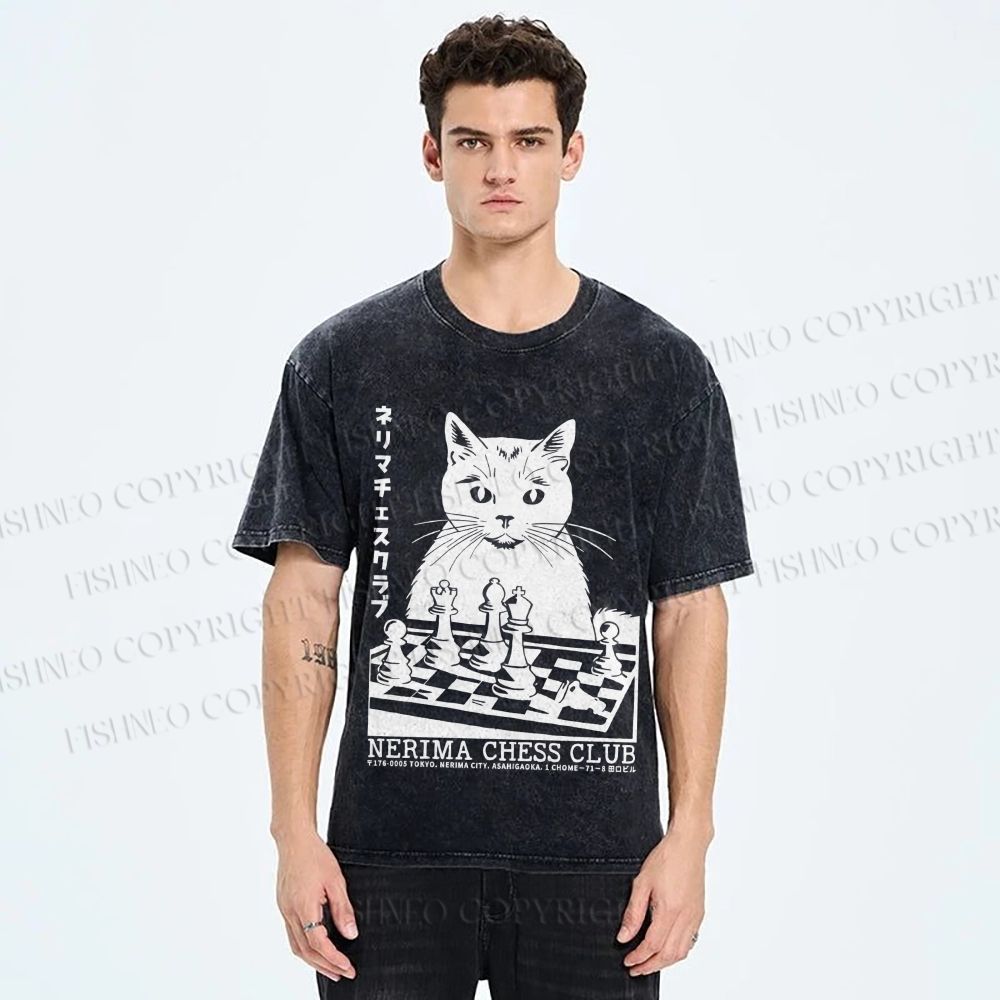 Unisex Vintage Cat Playing Chess Printed Washed Tee