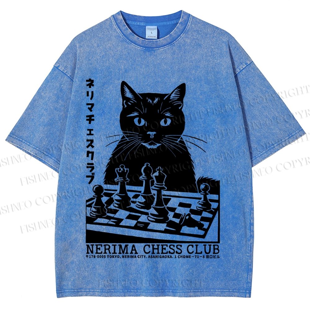 Unisex Vintage Cat Playing Chess Printed Washed Tee