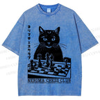 Unisex Vintage Cat Playing Chess Printed Washed Tee