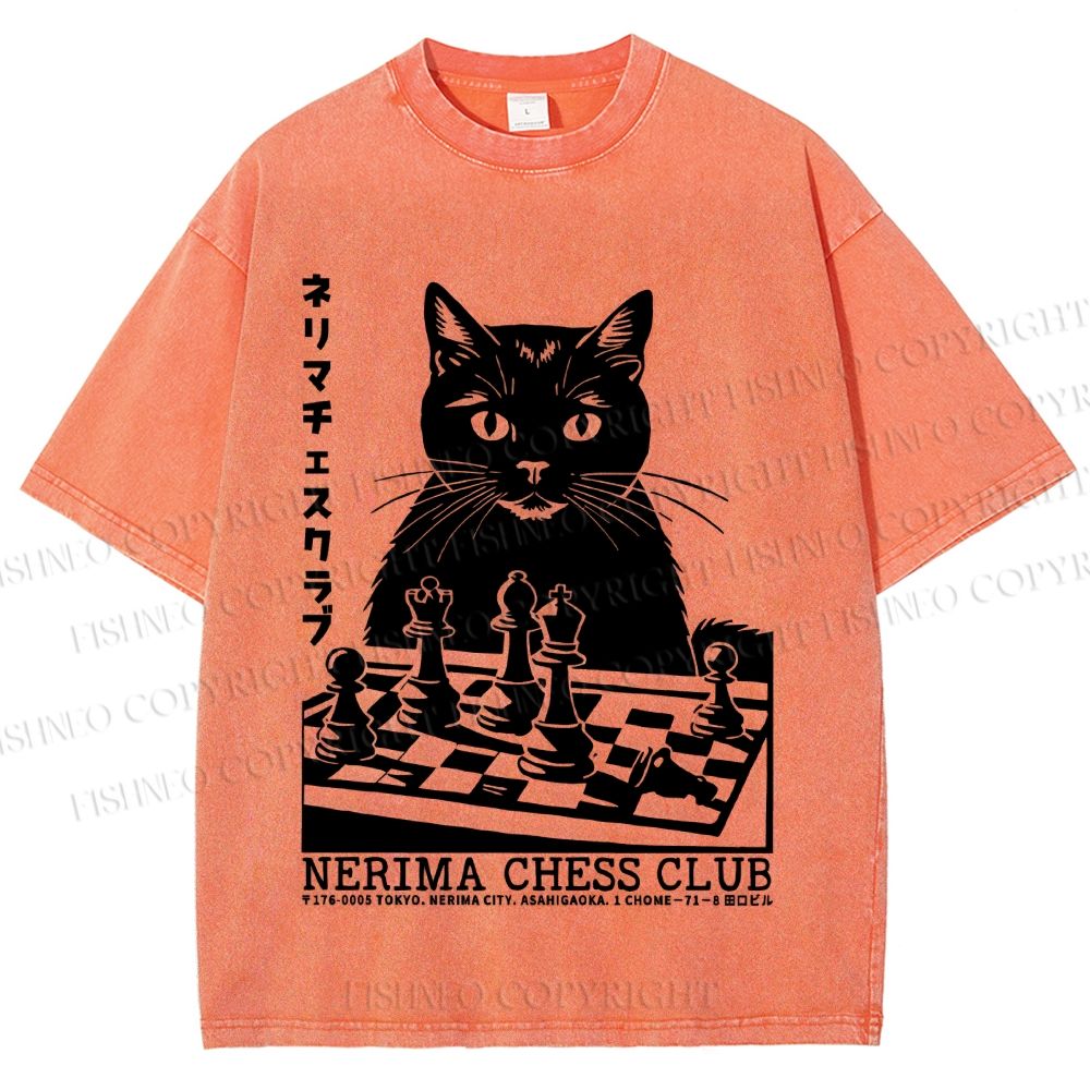 Unisex Vintage Cat Playing Chess Printed Washed Tee