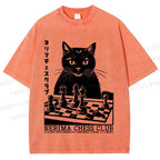 Unisex Vintage Cat Playing Chess Printed Washed Tee
