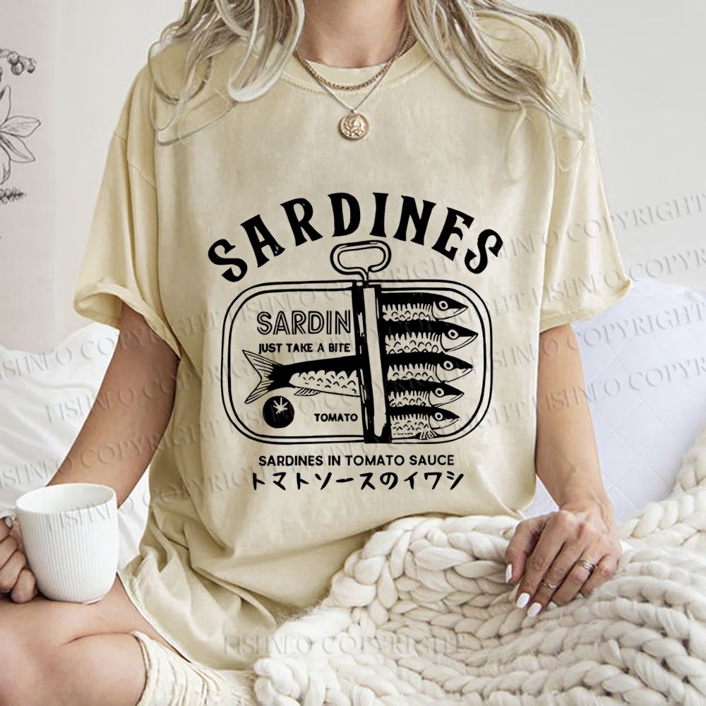 Unisex Vintage Sardine Fish Can Printed Washed Tee
