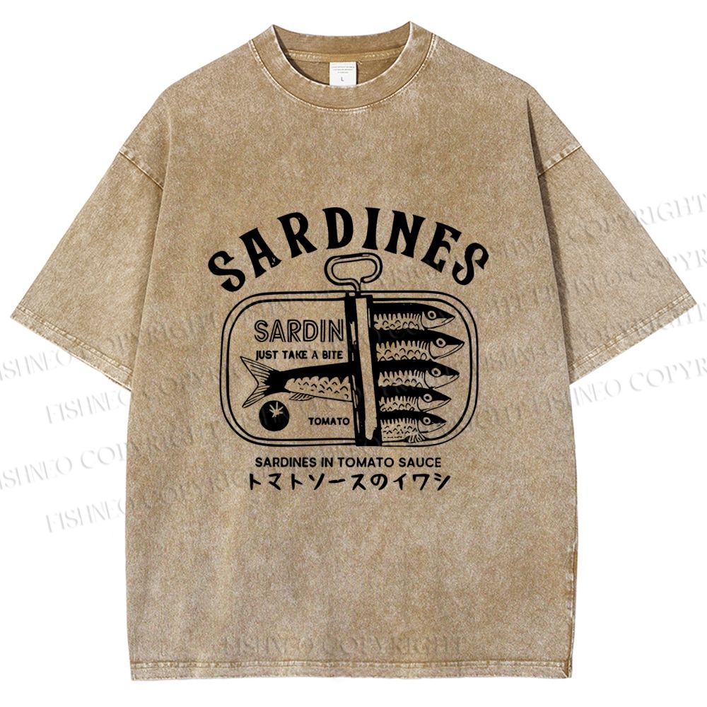 Unisex Vintage Sardine Fish Can Printed Washed Tee