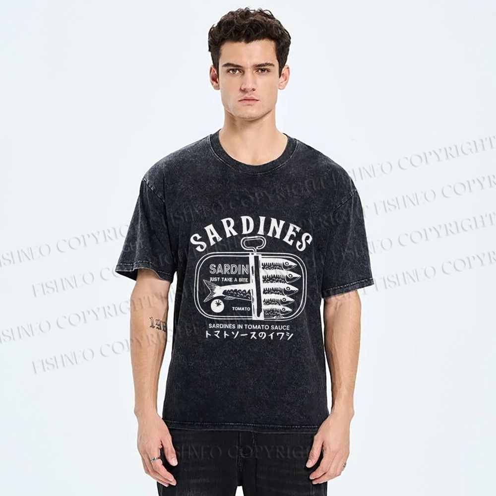 Unisex Vintage Sardine Fish Can Printed Washed Tee