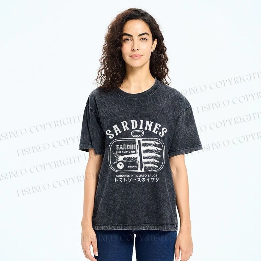 Unisex Vintage Sardine Fish Can Printed Washed Tee