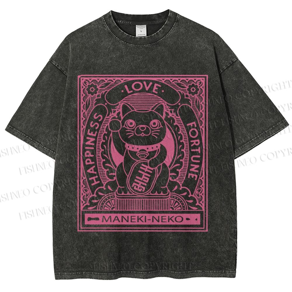 Unisex Vintage Japanese Cute Fortune Cat Printed Washed Tee