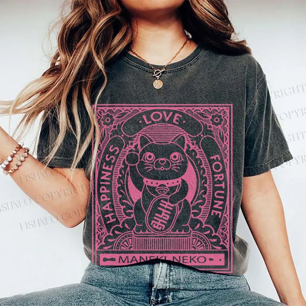 Unisex Vintage Japanese Cute Fortune Cat Printed Washed Tee