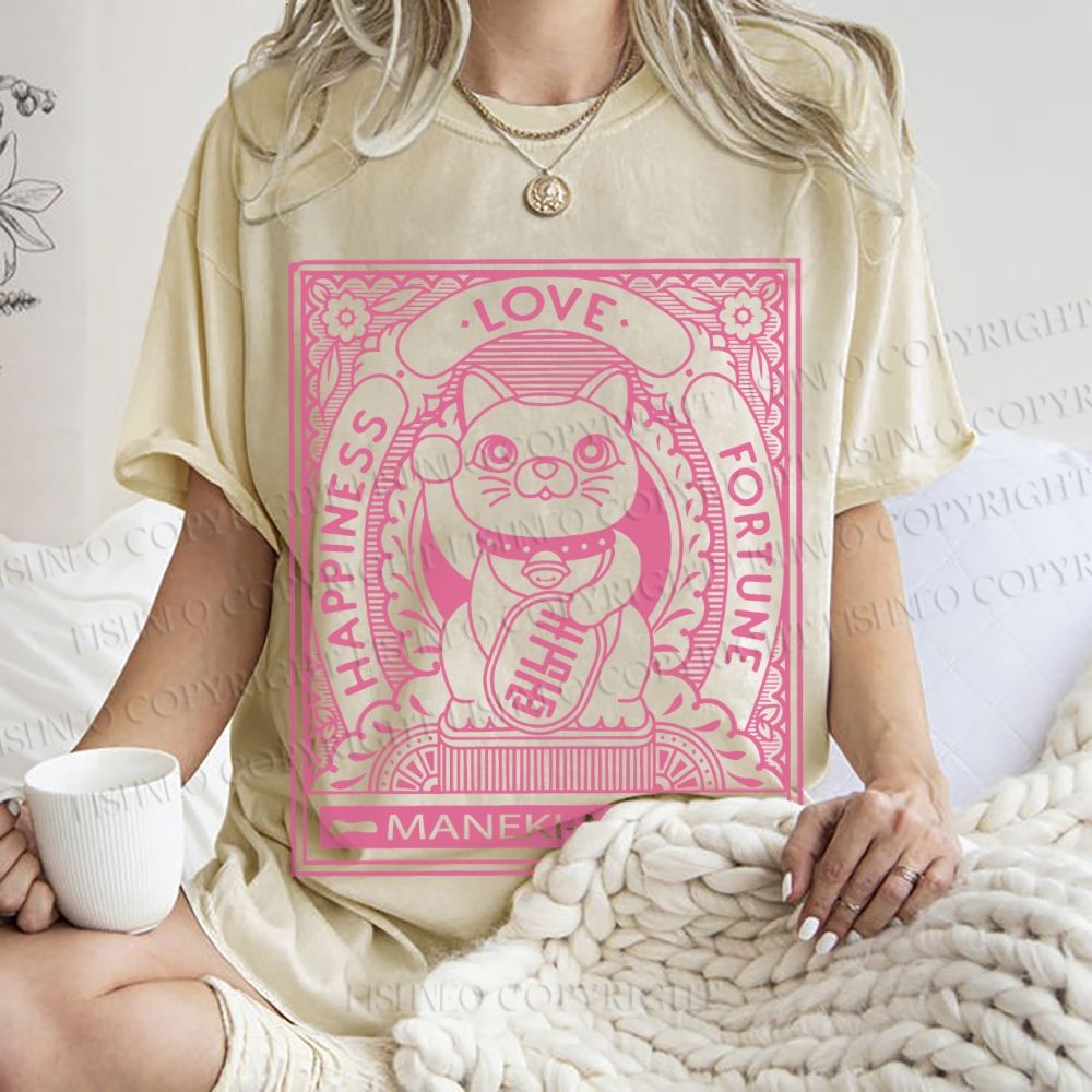 Unisex Vintage Japanese Cute Fortune Cat Printed Washed Tee