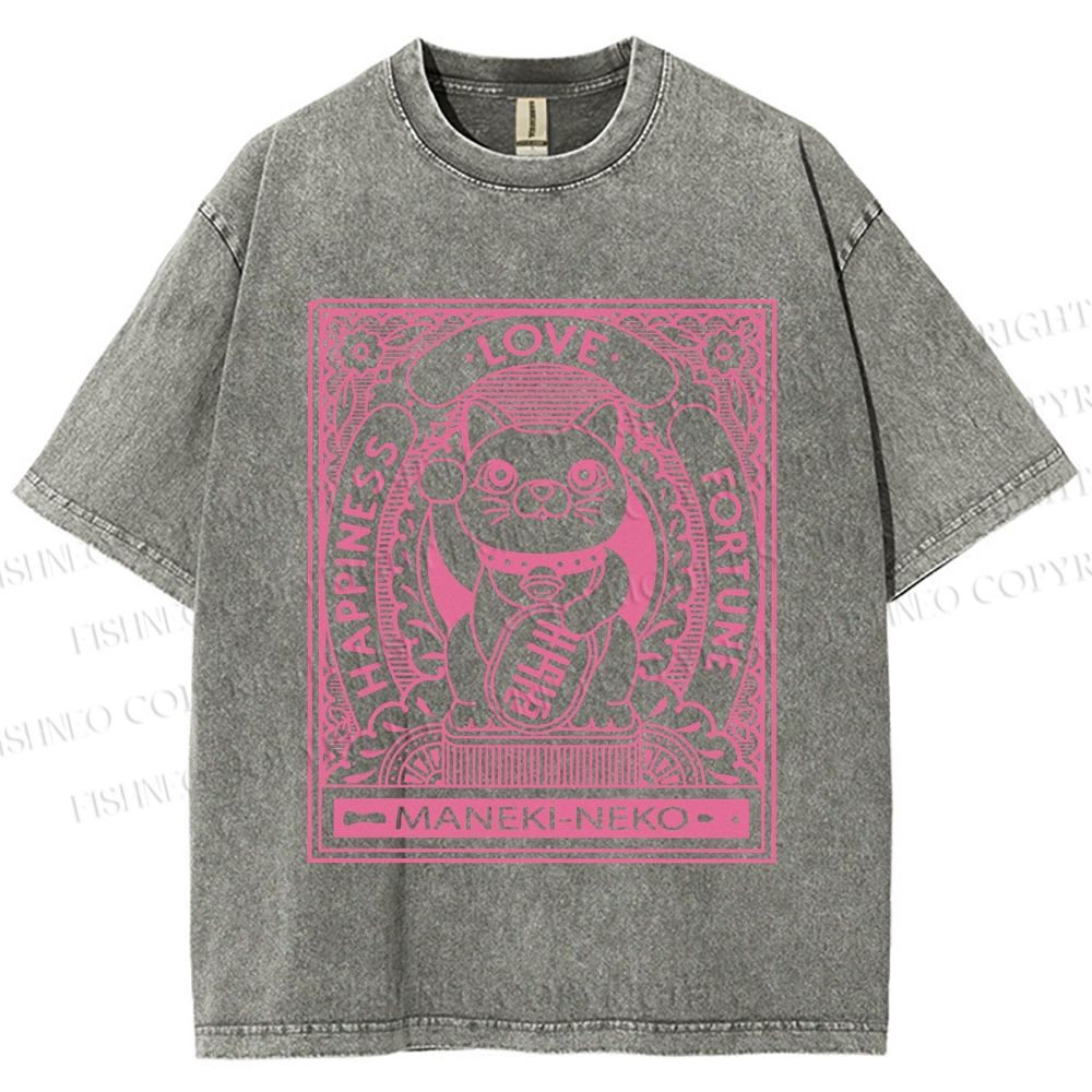 Unisex Vintage Japanese Cute Fortune Cat Printed Washed Tee