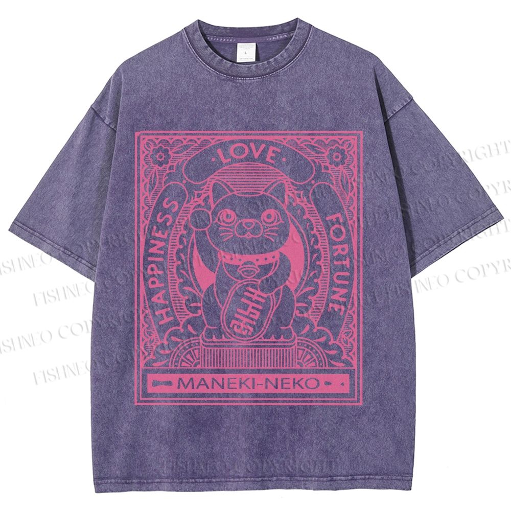 Unisex Vintage Japanese Cute Fortune Cat Printed Washed Tee