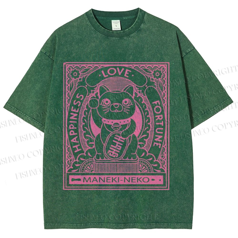 Unisex Vintage Japanese Cute Fortune Cat Printed Washed Tee
