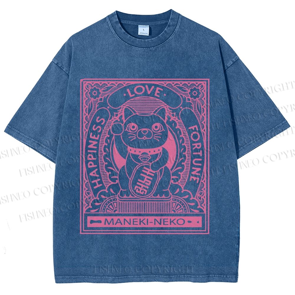 Unisex Vintage Japanese Cute Fortune Cat Printed Washed Tee