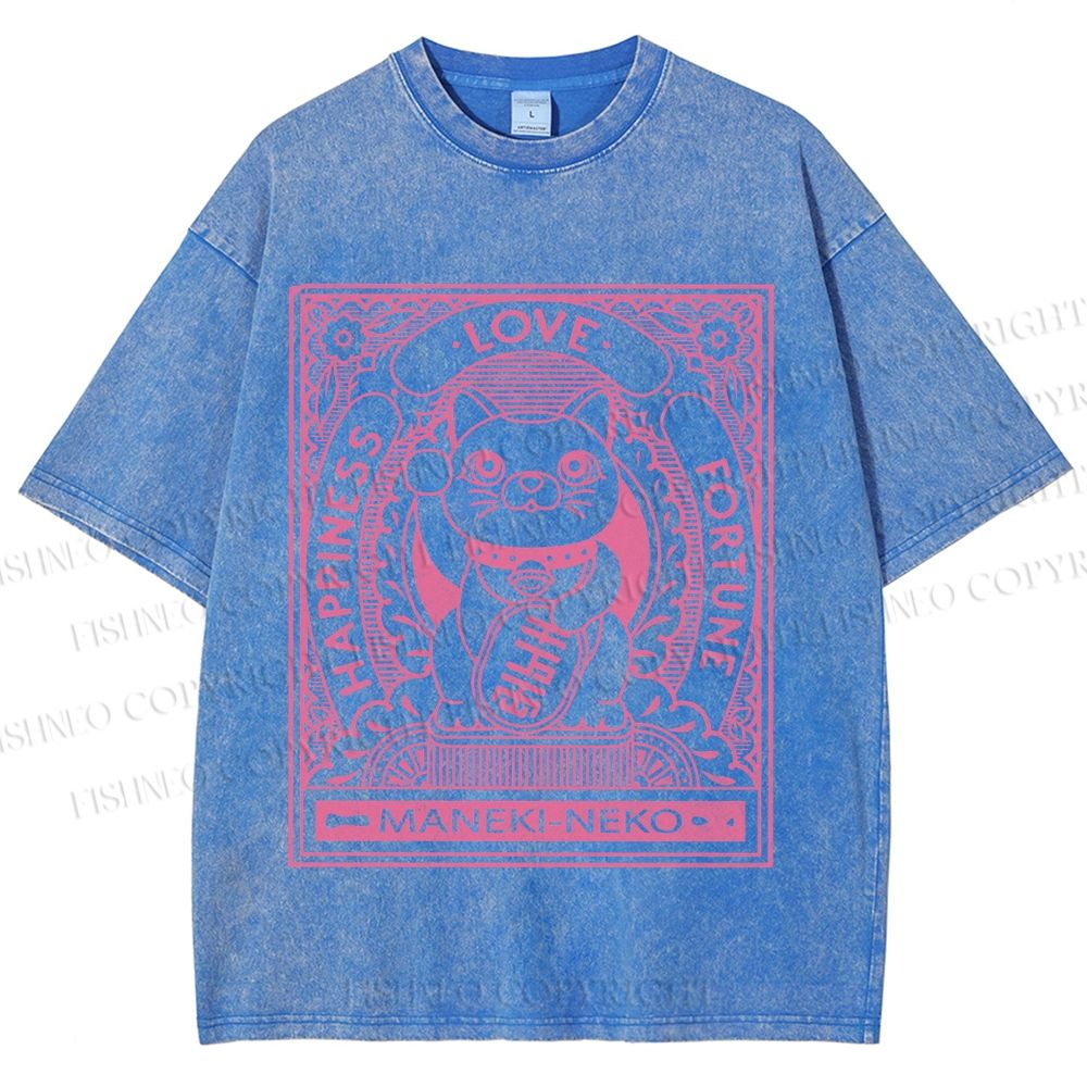 Unisex Vintage Japanese Cute Fortune Cat Printed Washed Tee